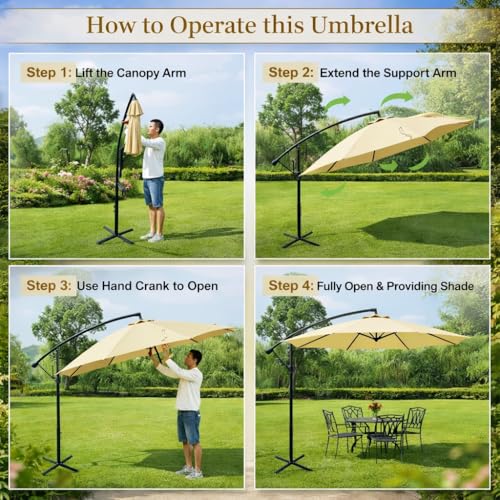 Image of Hukimoyo 10Ft Diameter Large Outdoor Patio Cantilever Offset Umbrella with Base Stand, Waterproof Heavy Duty Garden Parasol Sun Shade Canopy, Side Pole Umbrella for Backyard, Poolside, Deck, Lawn, Terrace, Cafe.