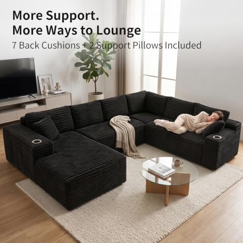 Image of 122 inch Oversized Cloud Sectional Couch for Living Room, 7 Seater U Shaped Sofa Modular Boneless Couch with Chaise | Deep Seater | Cup Holder | Side Pocket | No Assembly | Plus Corduroy, Black