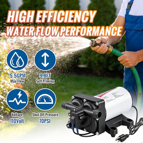 Image of YOUNGTREE Water Pressure Diaphragm Pump 110V AC 5.5GPM 70PSI RV Water Transfer Pump 110 Volt On Demand Self Priming for Home Kitchen RV Garden Irrigation Car Washing Rain Barrel Lawn Camper