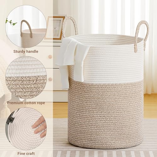 Image of 100L Extra Large Tall Cotton Rope Laundry Basket with Handle, Brown