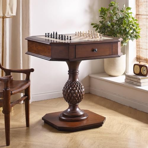 ComeWay Chess Table Reversible Chess Checker Game Table with 2 Drawers for Family Entertainment Room 3-in-1 Square Game Tray for Chess Checker Backgammon Deep Cherrywood