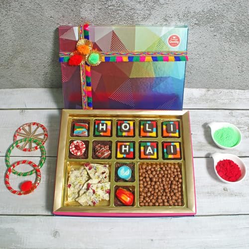 Image of Velvet Fine Chocolates Abeer Box 12 Assorted Chocolates, 100 Gms Coated Butterscotch, 50 gms Thandai bar Holi Gift Pack for Kids, Family, Friends, Employees
