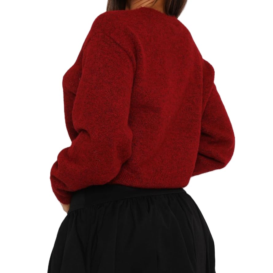 Image of Muineobuka Women Knit Cropped Cardigan Tops Long Sleeve Button Down Lightweight Bolero Sweater Tops Wine Red, X-Large