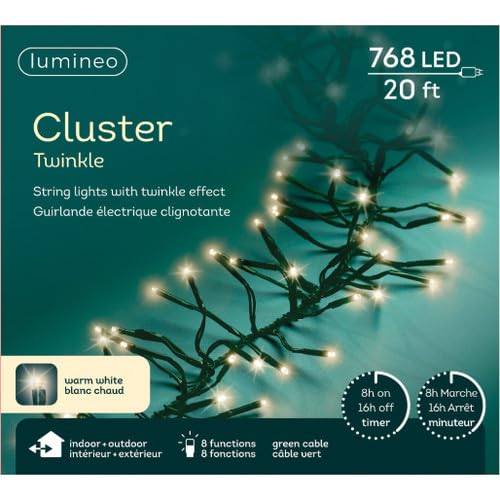 Lumineo 768 LED Warm White Christmas Cluster Lights Set, Green Wire 23 Ft