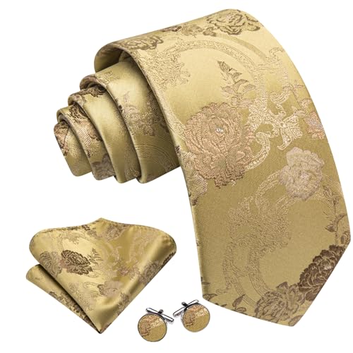 Image of Barry.Wang Flower Ties for Men Silk Woven Floral Tie Sets Necktie Handkerchief Cufflinks Wedding Party