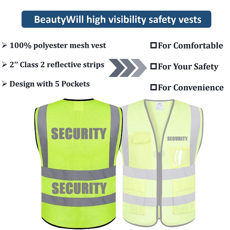 BeautyWill Security Safety Reflective Vests Class 2 ANSI Certified Printed Work Vest with Zipper Front?Yellow?XL?