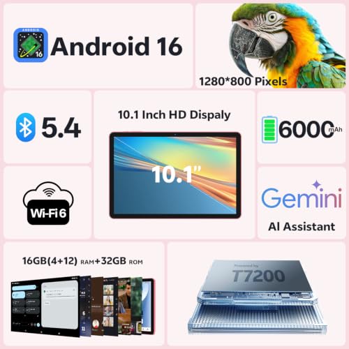 Image of Tablet 10 Inch, Android 16 Tablet with Keyboard, 16GB RAM + 32GB, Pink