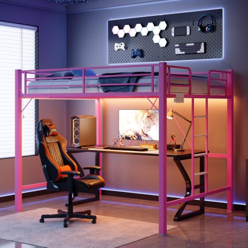 Image of VINGLI Loft Bed Queen Size with Charging Station and LED Lights,Safety Guardrail and Stair for Teens /Adults, No Box Spring Needed, Heavy Duty Metal Support Slat, Pink