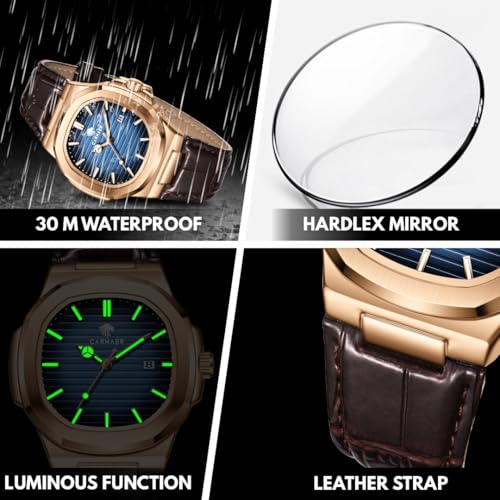 Image of Men Octagonal Rose Gold Luxury Watch for Boy Black Striped Dial, Date Display, Luminous Markers, 30M Waterproof, Leather Strap, Quartz Movement