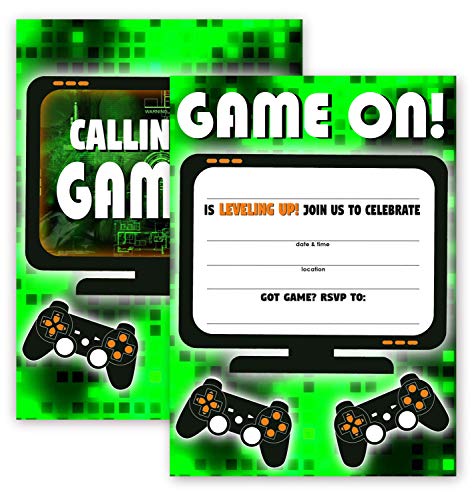 POP parties Gaming Green Party Large Invitations - 10 Invitations + 10 Envelopes - Double Sided - Video Game Invitations - Game Truck Party Supplies - Green