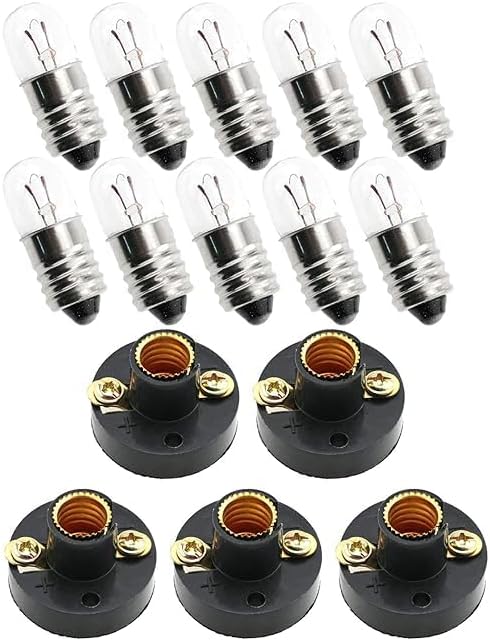 SP Electron Pack of 10 Pcs Student Experiment Lighting DIY Accessories 6.3V 0.15A Screw Mini Bulb and 5PCS E10 Mini Black Plastic Pure Brass Screw Type Bulb Holders Lamp Bases