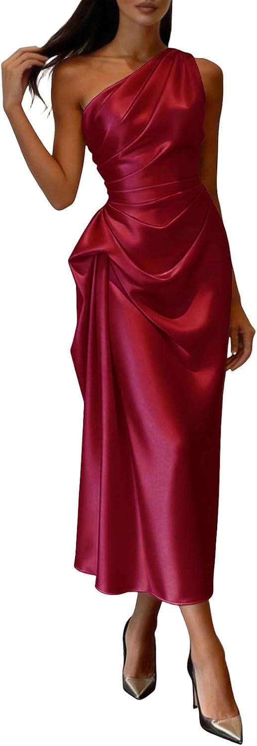 Elegant Ruched One Shoulder Dresses Satin Long Formal Wedding Guest Dress Prom Cocktail Party Evening Gowns Clothes