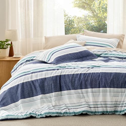 Image of Bedsure Twin /Twin XL Comforter Set - Twin Extra Long Comforter Set for Boys, Striped Dorm Bedding, 2 Pieces, 1 Soft Reversible Blue Comforter and 1 Pillow Sham