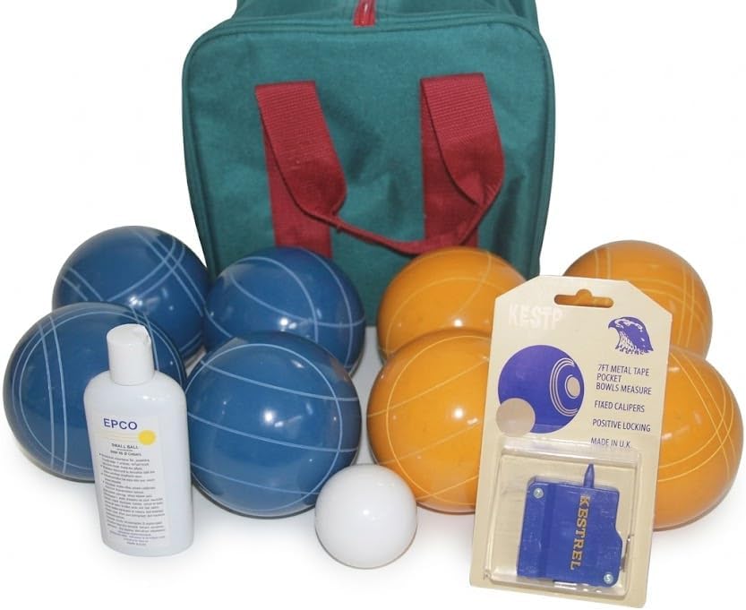 BuyBocceBalls Listing - Made in USA, Premium Quality Tournament Bocce Set - 110mm Blue and Gold Balls, Nylon Maroon Bag, 998 Grams (2 lbs. 3.2 oz.). Polish. Measure Device