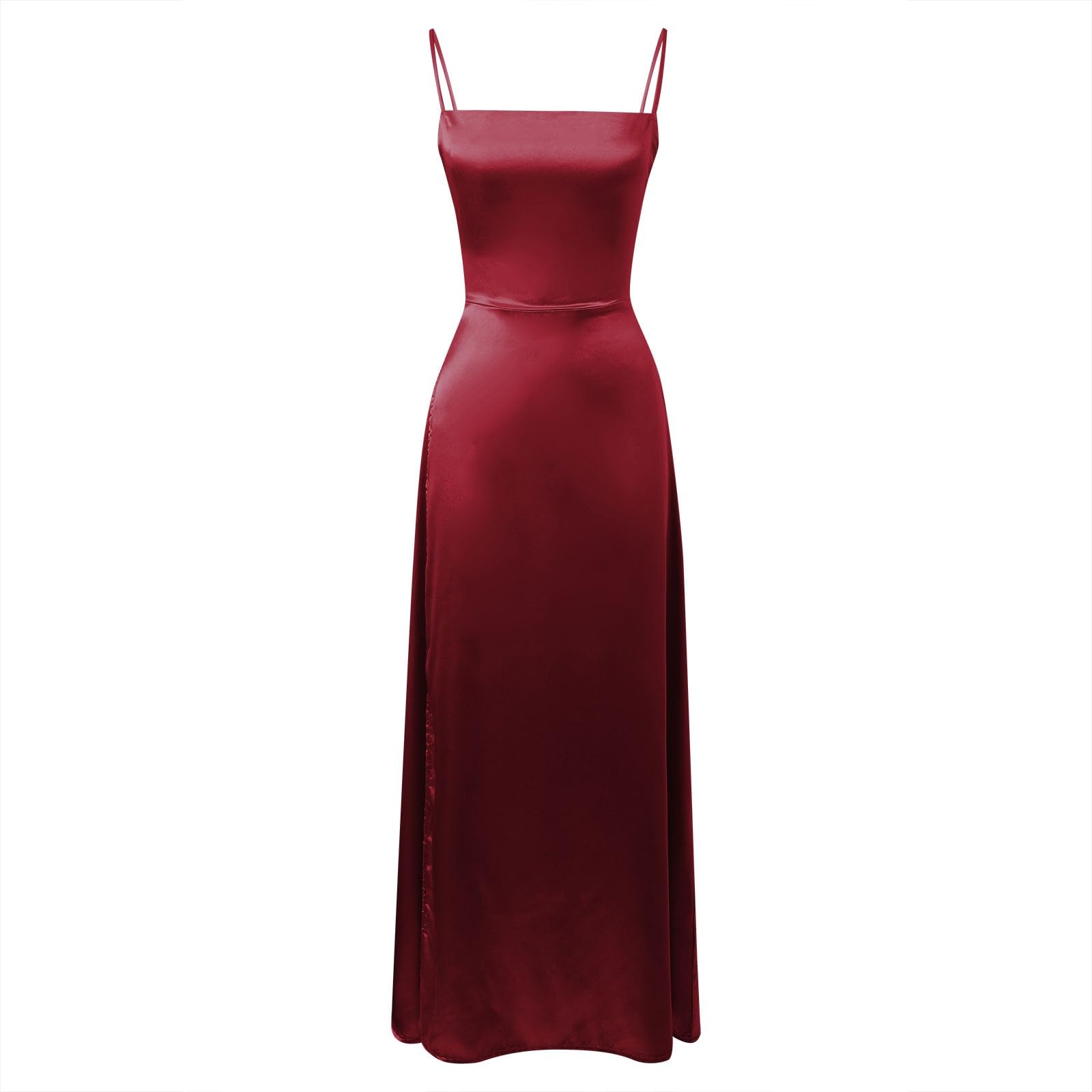Satin Brautjungfernkleid Spaghettiträger Ballkleider Lang mit Schlitz Falte Abendkleider Rückenfrei Maxikleid Ärmellos A-Linie Formelles Abend Club Kleid Lange Kleider Figurbetontes Elegant Partykleid