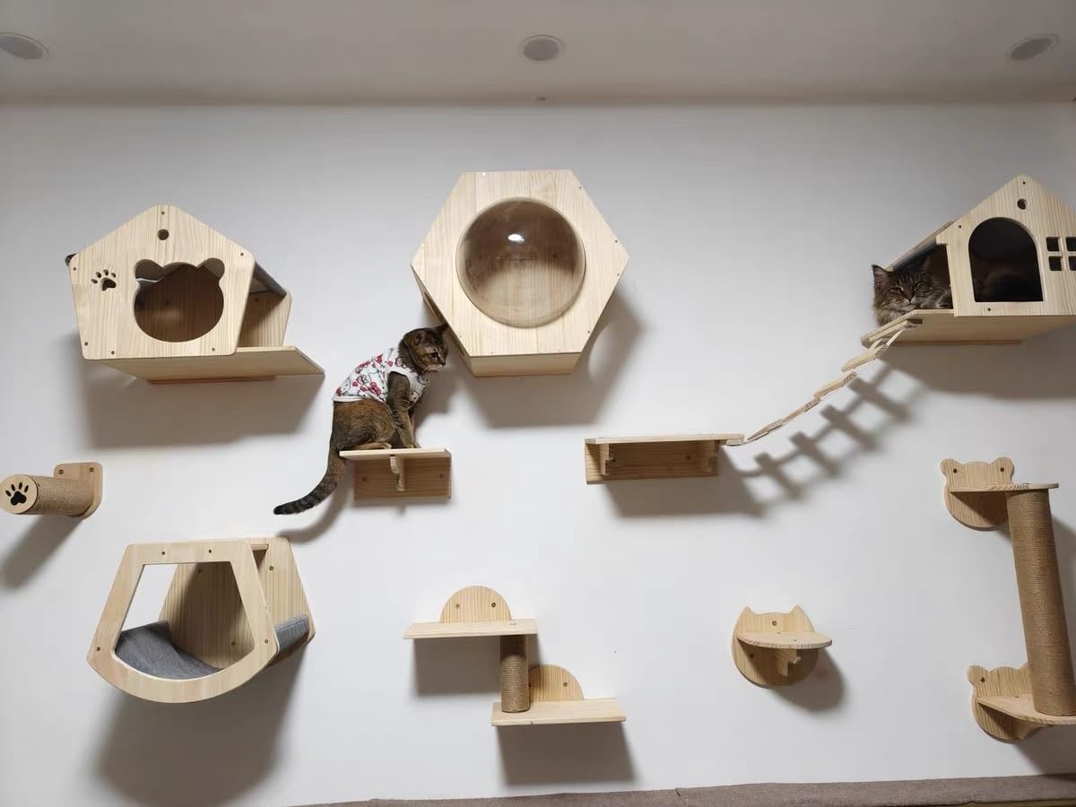 Cat Climber - Scaffale da parete in legno di pino, design moderno, salvaspazio, con palo tiragraffi in sisal naturale, per piccoli appartamenti
