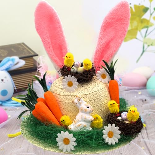 Kukigo Easter Bonnet Kit DIY Easter Hat for Kids Boys Girls Gifts Easter Handmade DIY Hat Easter Cartoon Cap Easter Bonnet Hat for Childrens Easter Craft Supplies Decorations (Color 1)