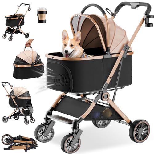 GTPLAYER Hundewagen 4 in 1 Hundebuggy, Hundebox klappbar Hund Kinderwagen bis 25kg, Faltbar Katzenwagen mit 360°Drehrädern, Netzfenstern, Verstellbaren Markise&Getränkehaltern, Gold