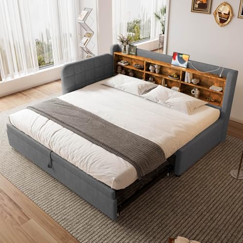 EURHCIO Canapé Lit Convertible 90/180x200,Cadre de Lit 2 Personnes avec Port USB-C,lit Gigogne,6 Compartiments de Rangement,Étagères,pour Adolescents...