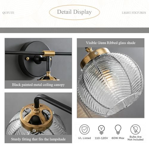 Image of Black Bathroom Light Fixtures 3-Lights Vintage Vanity Wall Sconce Over Mirror with Ribbed Smoky Gray Globe Shade Mid Century Modern Lights Fixture Art Deco Farmhouse Vanity Lighting