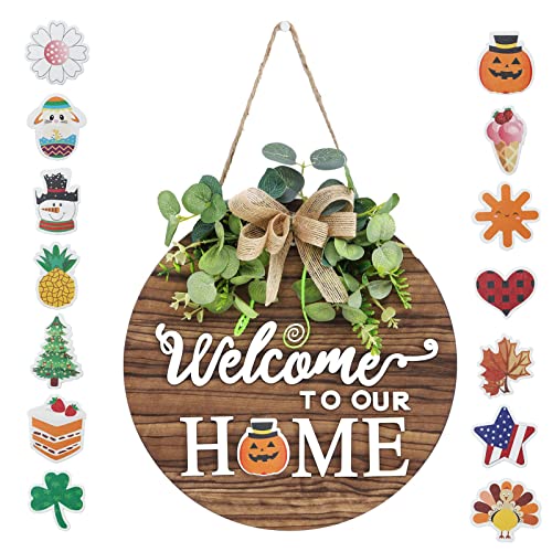 TFixol Int eable - Letrero de bienvenida de temporada para decoración de puerta delantera, corona de madera redonda rústica, pared, granja, porche, para primavera, verano, otoño, todas las estaciones