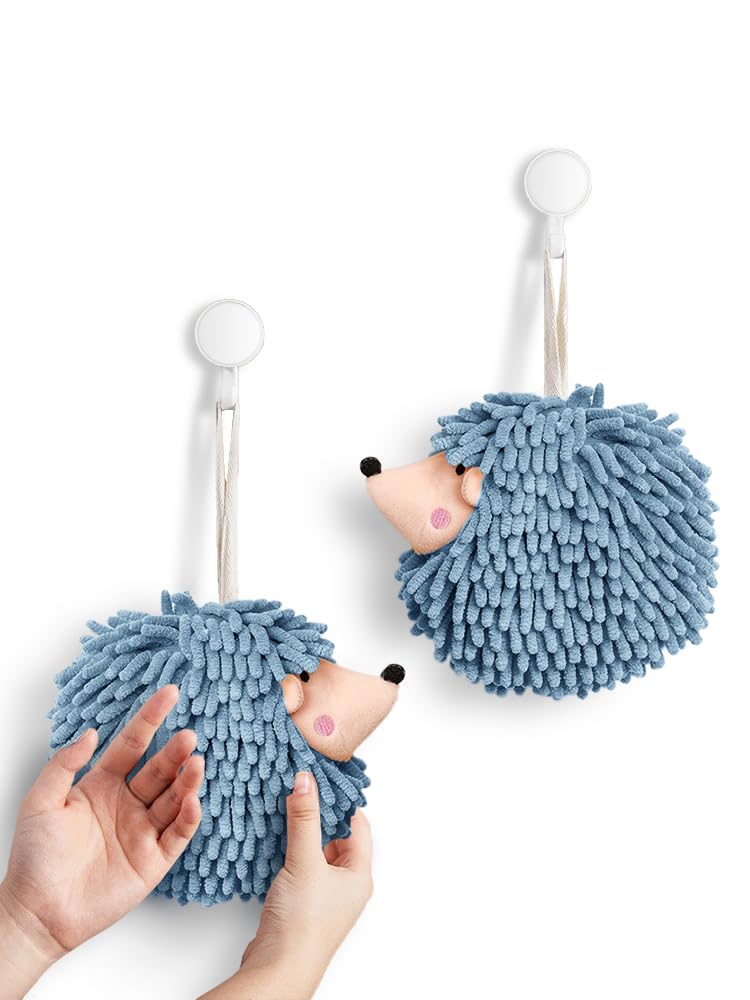 Fuzzy Ball Hand Towels (Set of 2) - Dry Your Hands Instantly and conveniently with This Creative Hand Towel Hedgehog Decorative Towels for Bathroom (Pack of 2, Blue)