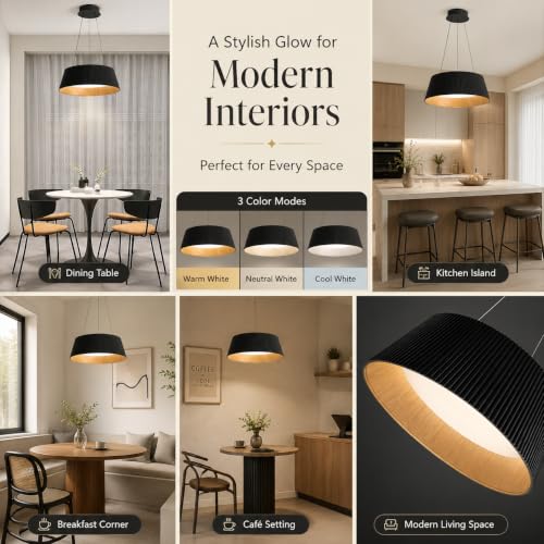 Image of Smartway Poncio Black 75W Drum Shape LED Ceiling Chandelier |45 cm Height Adjustable Pendant Light |3 Light Modes| Modern Decorative Hanging Light for Living Room & Office (Black)