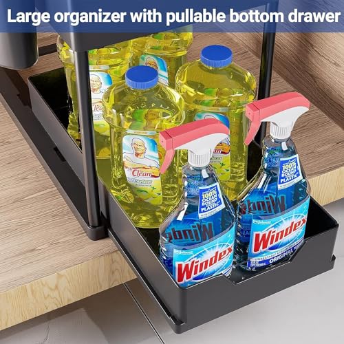 منظم سلة منزلقة تحت الخزانة، منظم تخزين من طبقتين تحت الخزانة والحمام وتحت الحوض، رف تخزين اسود متعدد الاغراض للمطبخ والحمام والمكتب