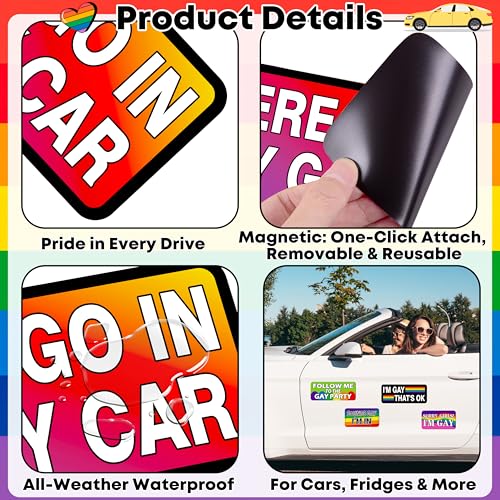 Image of 16PCS Gay Pride Car Bumper Magnets: Funny Rainbow Decals Bulk for LGBT Parade, Truck, Fridge, Cruise - Prank Gift Idea (Retro Warm)