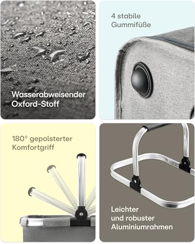 Praknu Einkaufskorb Faltbar Klein – 2 in 1 Erweiterbar 15L auf 25L – Abnehmbarer & Waschbarer Bezug – Stabil mit Alurahmen & Verstärktem Boden – Extra Fächer innen & außen – Tragekorb – Grau