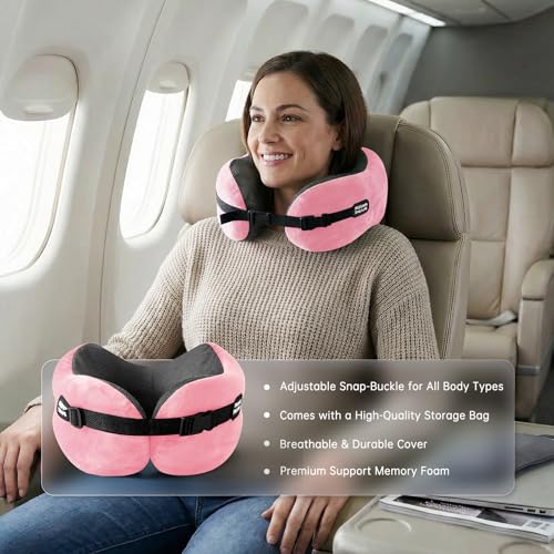 Image of Neck Pillow Travel Pillow - 100% Pure Memory Foam Airplane Pillow with Adjustable Clasp & Removable Cover, Portable Travel Essentials for Long Flights, Car & Office (Pink)