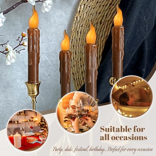 Image of Decor Real Wax LED Flameless Fall Short Taper Candles with Remote, 6.7 Inches Brown Candlesticks, Dripless Battery Operated Flame Rustic Primitive Flameless Lights Decor, Pack of 2