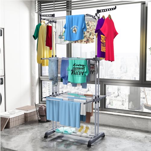 Bigzzia Clothes Drying Rack, 67.7 Inch Laundry Drying Rack with Foldable Base, 4 Tier Stainless Steel Drying Rack Clothing, Movable Laundry Rack for Indoor Outdoor-Grey