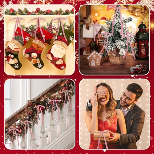 Image of 24 PCS Velvet Bows Christmas Ornaments Decorations, Sparkly Glittery Pink Velvet Bows Ornaments for Christmas Tree, Unique Elegant Xmas Home Holiday Decor for Tree Mantle Wreath Gift Wrap