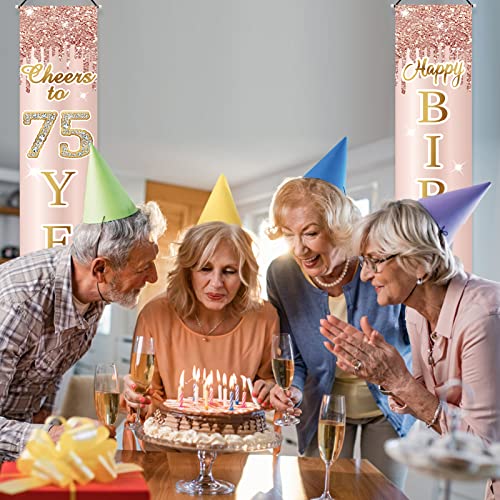 Image of 75th Birthday Decorations Door Banner for Women, Pink Rose Gold Cheers to 75 Years Birthday Porch Sign Party Supplies, Happy 75 Birthday Backdrop Decor for Outdoor Indoor