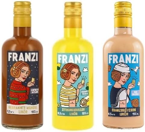 3 Flaschen Franzi Likör/ 1 x Zitronenrollen + 1 x gebrannte Mandel Likör a 0 5l + 1 x Franzbrötchen a 0 5 Liter a 15% vol.