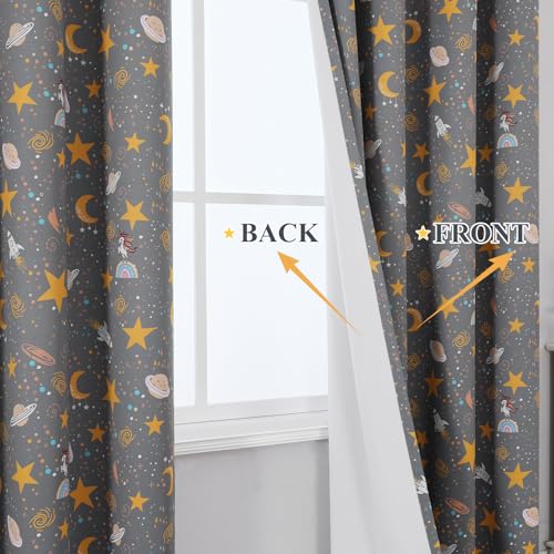 Image of Unicorn Planet Grey Room Darkening Curtains 96 Inch Length for Kids Bedroom