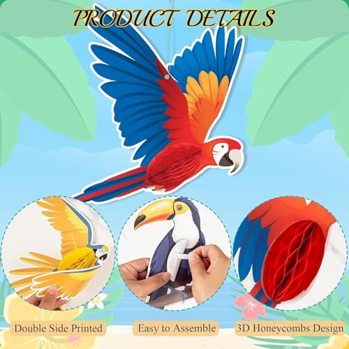Image of GuassLee 10pcs Jungle Tropical Party Decorations Birds Honeycombs - Tropical Parrots Paper Cutouts Honeycombs Hanging Decorations for Hawaiian Luau Tiki Party Decor Supplies
