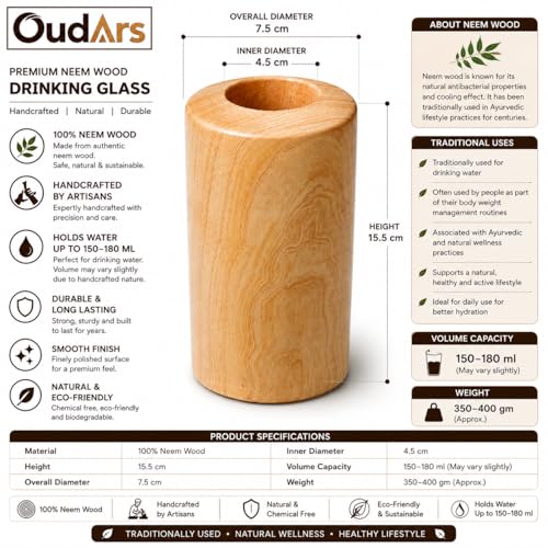 Image of 100% Pure Neem Wood Glass for Health Management Natural Herbal Detox Tumbler Handmade Wooden Drinking Cup Ayurvedic Anti Bacterial Healing Vessel