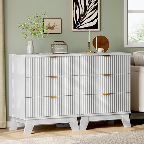 Image of Xixini Fluted Nightstand with Charging Station, Tall Bedside Table, White