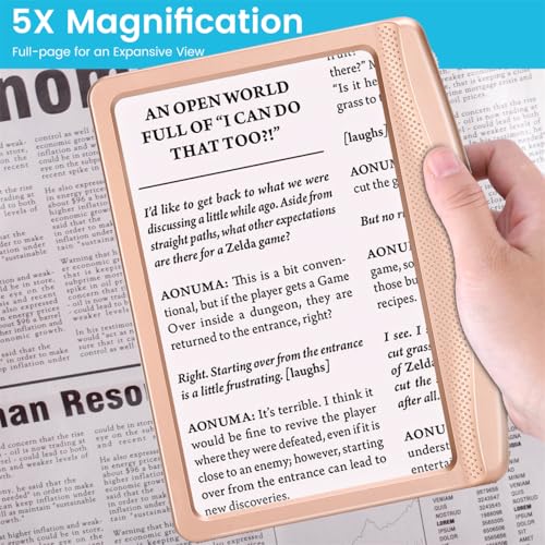 Image of Rechargeable 5X Magnifying Glass for Reading, Large Bright Full Page Magnifier with Light, Handheld LED Dimmable Lighted, Lightweight Book Magnifier for Reading Prints Seniors - Rose Gold