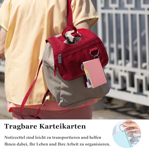 Karteikasten Schwarz, 14,5 x 8 x 9 cm Lernkarteibox, Karteibox Lernbox Set, Lernkarten Box für Unterwegs, 230 Karteikarten Bunt Liniert, 15 Register, 6 Ringen, 6 Aufkleber, für Notizen Schulsachen