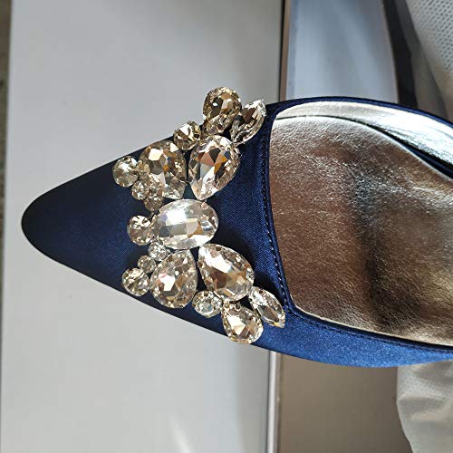 Creativesugar Lady Satin Dress Shoes Block Thick Heels Pumps Pointed Toe Bridal Wedding Shoes (9.5, Navy Blue) - Image 3