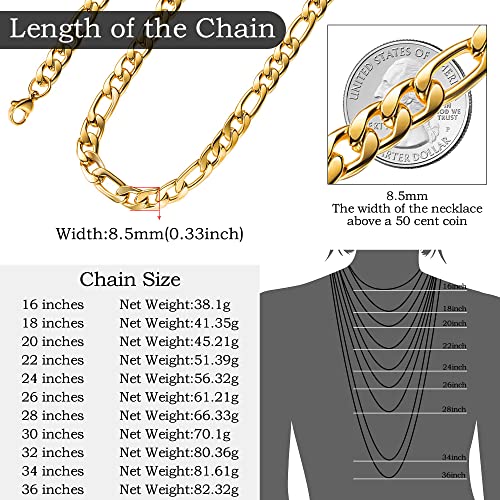 Estendly 18K Gold Plated 18 Inches Figaro Chain Necklace 8.5Mm Stainless Steel Figaro Link Chain For Men Women #TOP5