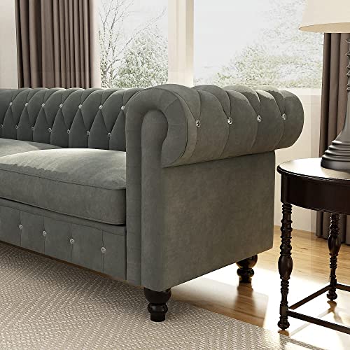 Image of Dime Store Wooden Chesterfield Sofa 3 Seater with Button Tufted Design Solid Wood Frame Upholstered Couch with Rolled Arms | Luxury Living Room Sofa for Home, Office, Lounge & Reception (Grey)