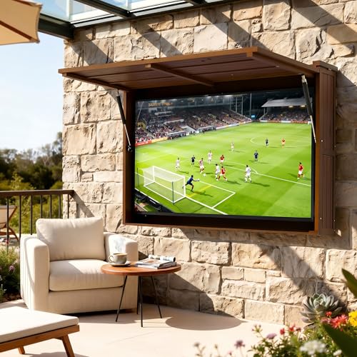 YIJIETON Outdoor TV Enclosure Fit for 32-55 Inch TV Solid Wood Wall-Mounted TV Cabinet with Dual-Arm Steel Bracket Includes 600D TV Cover (Walnut Color)