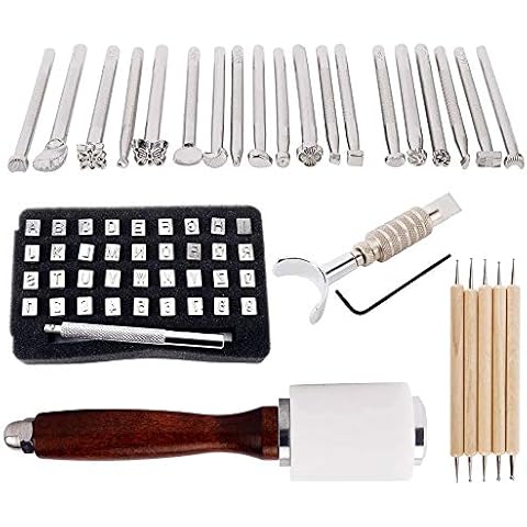 KLLsmDesign 65 Pcs Leather Sculpture Stamping Tools Kit Included Pattern Alphabet Digital Leather Stamp Punch Set,Dotting Tools,Leather Swivel Knife,Leather Roller for Saddle Making,DIY Leather Craft Cover