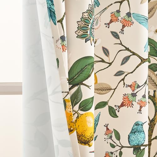Image of Topfinel Beige Kitchen Tier Curtains 36 Inches Long Botanical Floral Hummingbird Grommet Room Darkening Half Window Drapes for Rv Cafe Basement Bathroom Dinning Room 2 Panels