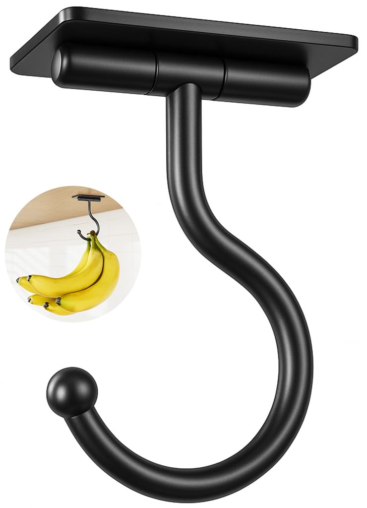 Josmimic Under Cabinet Banana Hook Adhesive - Sticky Banana Hanger Under Counter, Sturdy Metal Banana Holder for Hanging Bananas or Kitchen Utensil, Banana Saver, Keeps Bananas Fresh, Black