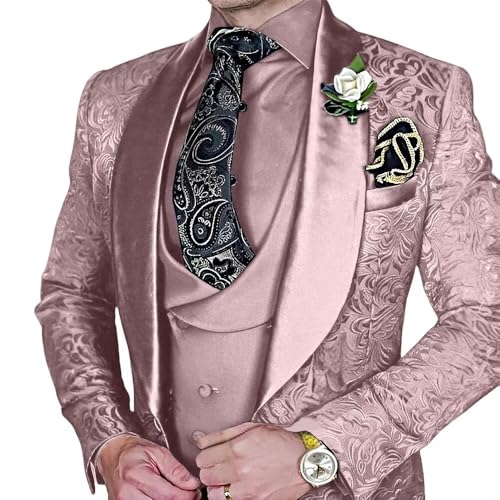 Men's Suit 3 Piece Jacquard Shawl Lapel Set Slim Fit Formal Tuxedo with Jackets Vest Pants for Wedding
